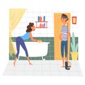 Husband and Wife Cleaning Bathroom Together, Young Woman Cleaning Bathtub, Man Mopping the Floor, Family Cleaning Home Royalty Free Stock Photo