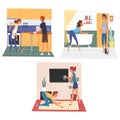 Husband and Wife Doing Housework Together Set, Family Cleaning Home on Weekend Vector Illustration