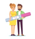 Husband and wife are happy, holding positive pregnancy test in their hands. Family planning. People waiting baby birth Royalty Free Stock Photo