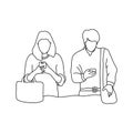 husband and wife ignoring each other while using mobile phone vector illustration outline sketch hand drawn with black lines