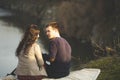 Husband and wife in nature, early spring. Happy couple on vacation. Lovers are laughing. guy and girl. enjoy each other in the eve Royalty Free Stock Photo