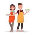 Husband and wife are preparing together on an isolated background. Vector illustration in a flat style