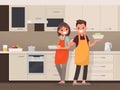 Husband and wife are preparing together. Man and woman in the kitchen. Vector illustration Royalty Free Stock Photo