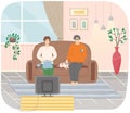 Husband and wife relaxing in apartment. Family resting in living room. Woman knits clothes