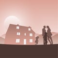 Husband wife and two children staying together in front of their big house in the brown gradient shade background illustration Royalty Free Stock Photo