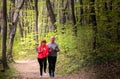 Husbanf and wife wearing sportswear and running in forest Royalty Free Stock Photo