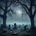 A cemetery with graves and trees in a foggy night.