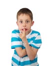 Hush! Tense boy with bulging eyes, finger by lips