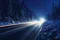 Hushed Blurry snow road middle night. Generate Ai