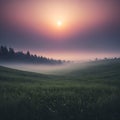 View of a field with a foggy sunset in the background.