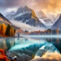 Hushed Horizon: Foggy Aura on the Mountain Lake Royalty Free Stock Photo