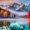 Hushed Horizon: Foggy Aura on the Mountain Lake Royalty Free Stock Photo