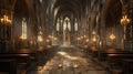 A hushed and peaceful abbey sanctuary filled with worn and weathered wooden pews that lead to a grand altar. The