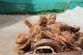 Husk of the coconut peeled and kept in the basket. A basket filled with dry coconut husk fibers Royalty Free Stock Photo