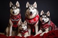 Husky dog family wearing ugly Christmas sweaters. Generative AI