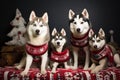 Husky dog family wearing ugly Christmas sweaters. Generative AI