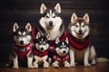 Husky dog family wearing ugly Christmas sweaters. Generative AI