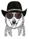 Husky dog head hand drawn illustration. animal with glasses and a hat