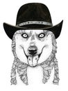 Husky dog head hand drawn illustration. Wild animal wearing cowboy hat Wild west