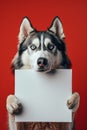 Cute Siberian Husky Dog Holding a Blank White Sign Against a Vivid Red Background for Message Customization or Advertising