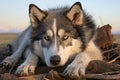 a husky dog laying on top of a pile of logs