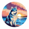 Siberian Husky Beach Sunset Canvas Painting Royalty Free Stock Photo