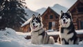 husky dog in snow A heartwarming portrait of a puppy and adult Malamute dogs sitting side by side,