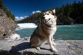 Husky dog on the touristy walk along the Bow River Royalty Free Stock Photo