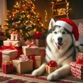 husky dog wearing santa hat amongst Royalty Free Stock Photo