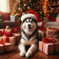 husky dog wearing santa hat amongst the gifts Royalty Free Stock Photo