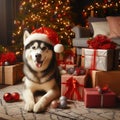 husky dog wearing santa hat at christmas Royalty Free Stock Photo