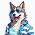 Charming Husky Dog In Sunglasses - Digital Painting Illustration
