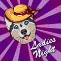 Husky dog in Wide-brimmed hat with bow. Husky breed. Vector illustration. Royalty Free Stock Photo
