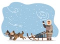 Husky Dogs and Eskimo in Fur Clothes with Sleigh