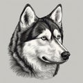 Husky, engraving style, close-up portrait, black and white drawing, cute hunting dog,