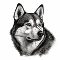 Husky, engraving style, close-up portrait, black and white drawing, cute hunting dog,
