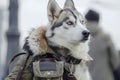 husky with a fauxfur lined coat and a messenger bag Royalty Free Stock Photo