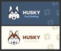 Husky head flat logo vector set. Husky dog sledding. Dog footprints on background.