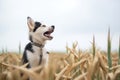 husky mix howling in the open farmland