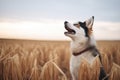 husky mix howling in the open farmland