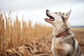 husky mix howling in the open farmland