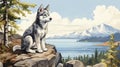 Siberian Husky Puppy: A Nostalgic Children\'s Book Illustration Royalty Free Stock Photo