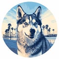 Siberian Husky On Santa Monica Beach: Tonalism Inspired Circle T-shirt Design