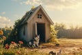 Husky Resting Beside Cozy Countryside Doghouse at Sunset