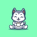 Husky Sitting Drink Coffee Cute Creative Kawaii Cartoon Mascot Logo