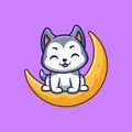 Husky Sitting On Moon Cute Creative Kawaii Cartoon Mascot Logo