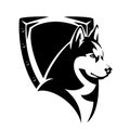 Husky sled dog dog head and metal heraldic shield black and white vector emblem Royalty Free Stock Photo