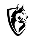 Husky sled dog dog head in simple heraldic shield black and white vector emblem