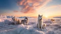 Husky sled dogs rest on sea ice. Generative AI. Royalty Free Stock Photo