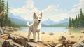 Nostalgic Children\'s Book Illustration: White Husky Puppy By The Shores Of British Columbia Royalty Free Stock Photo